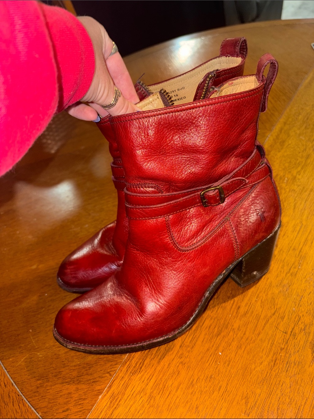 Frye Red Leather Ankle Booties with Buckle Strap